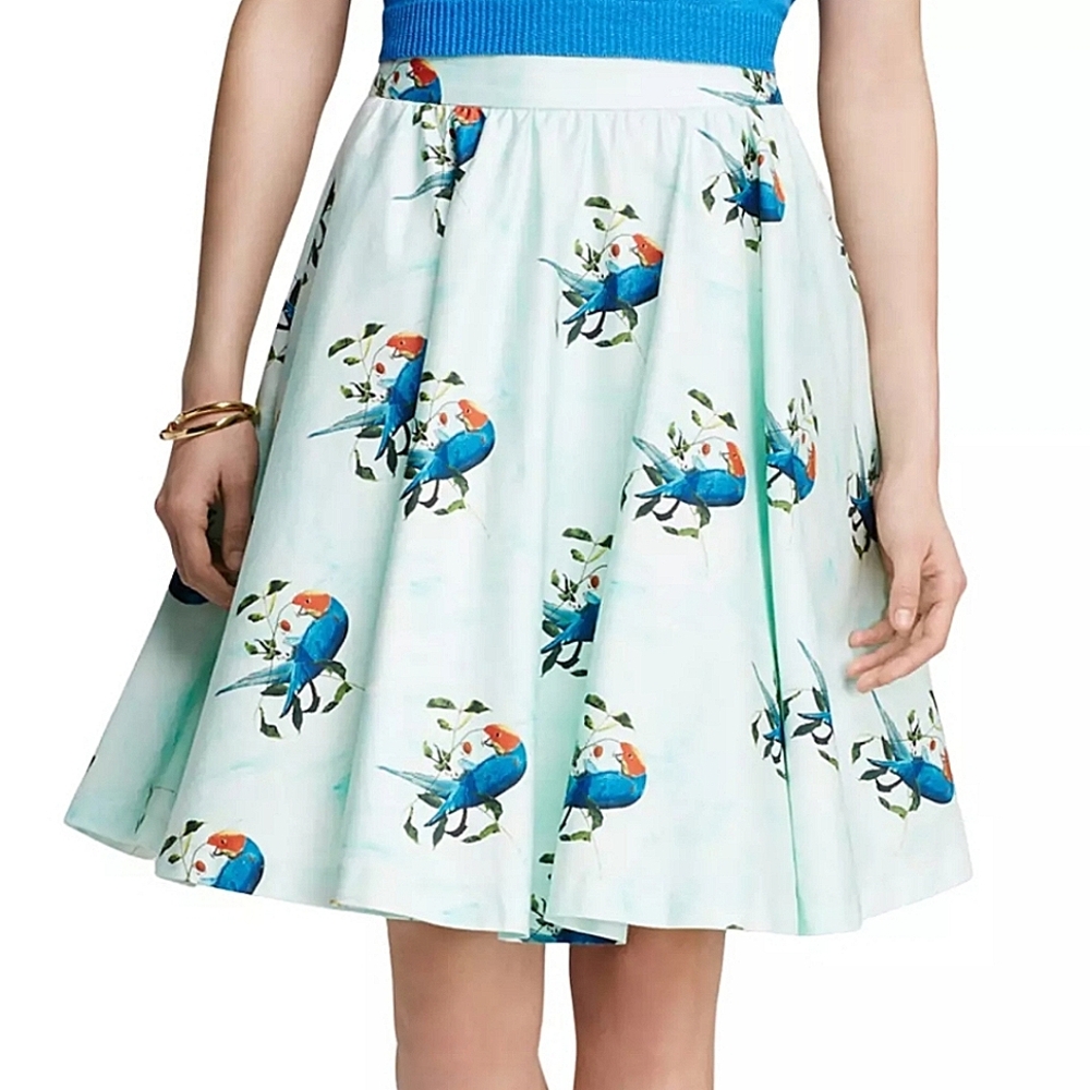 Alice + Olivia Earla Bird Print Structured Flared A Line Skirt Coquette Blue 0